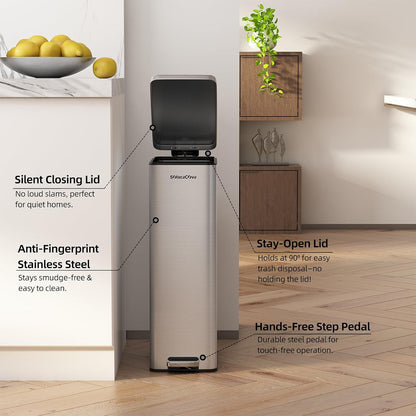 8 gallon/30L Slim Stainless Steel Garbage Can with Soft Close lid for Small Spaces，Pedal Fingerprint Proof Trash Bin with Removable Inner Bucket for Kitchen