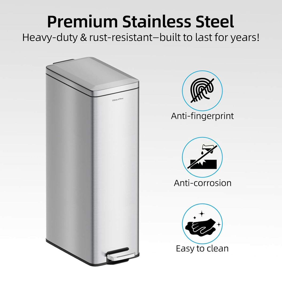 8 gallon/30L Slim Stainless Steel Garbage Can with Soft Close lid for Small Spaces，Pedal Fingerprint Proof Trash Bin with Removable Inner Bucket for Kitchen