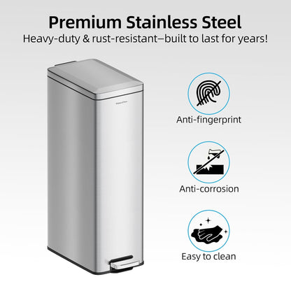 8 gallon/30L Slim Stainless Steel Garbage Can with Soft Close lid for Small Spaces，Pedal Fingerprint Proof Trash Bin with Removable Inner Bucket for Kitchen