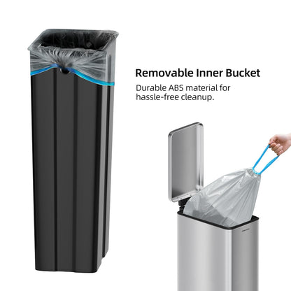 8 gallon/30L Slim Stainless Steel Garbage Can with Soft Close lid for Small Spaces，Pedal Fingerprint Proof Trash Bin with Removable Inner Bucket for Kitchen