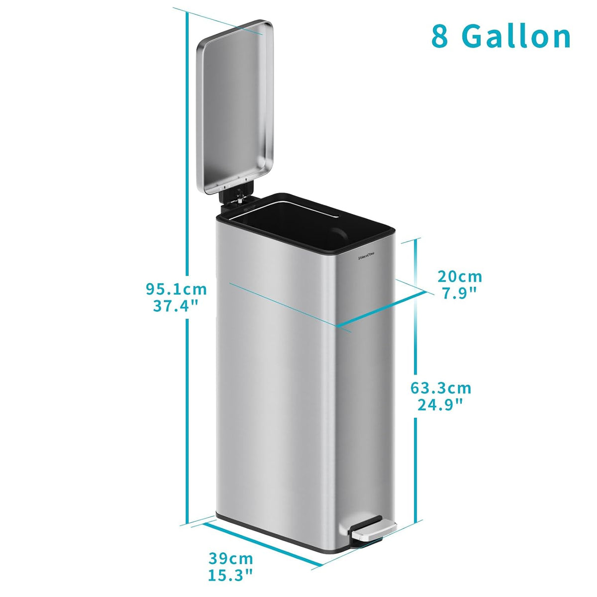 8 gallon/30L Slim Stainless Steel Garbage Can with Soft Close lid for Small Spaces，Pedal Fingerprint Proof Trash Bin with Removable Inner Bucket for Kitchen
