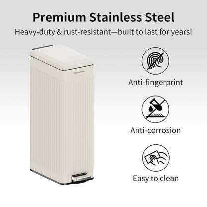 8 gallon/30L Slim Stainless Steel Garbage Can with Soft Close lid for Small Spaces，Pedal Fingerprint Proof Trash Bin with Removable Inner Bucket for Kitchen