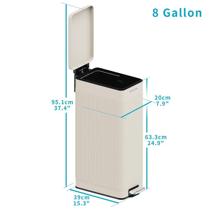 8 gallon/30L Slim Stainless Steel Garbage Can with Soft Close lid for Small Spaces，Pedal Fingerprint Proof Trash Bin with Removable Inner Bucket for Kitchen