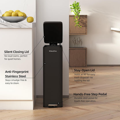 8 gallon/30L Slim Stainless Steel Garbage Can with Soft Close lid for Small Spaces，Pedal Fingerprint Proof Trash Bin with Removable Inner Bucket for Kitchen