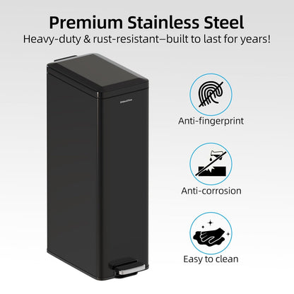 8 gallon/30L Slim Stainless Steel Garbage Can with Soft Close lid for Small Spaces，Pedal Fingerprint Proof Trash Bin with Removable Inner Bucket for Kitchen