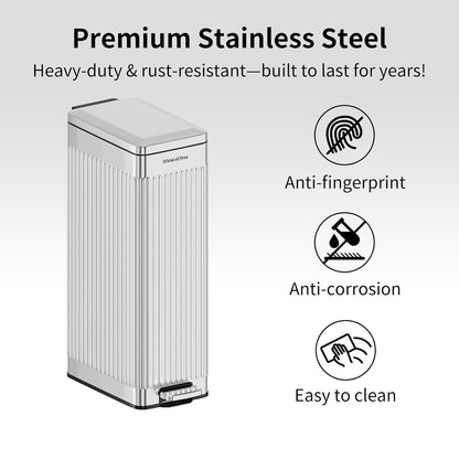 8 gallon/30L Slim Stainless Steel Garbage Can with Soft Close lid for Small Spaces，Pedal Fingerprint Proof Trash Bin with Removable Inner Bucket for Kitchen
