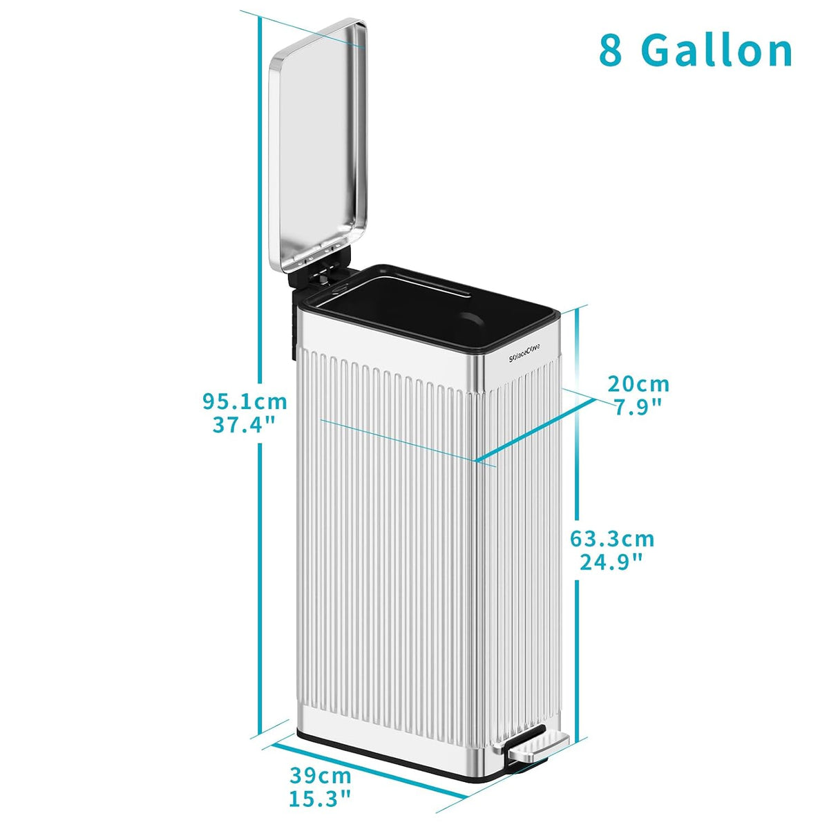 8 gallon/30L Slim Stainless Steel Garbage Can with Soft Close lid for Small Spaces，Pedal Fingerprint Proof Trash Bin with Removable Inner Bucket for Kitchen