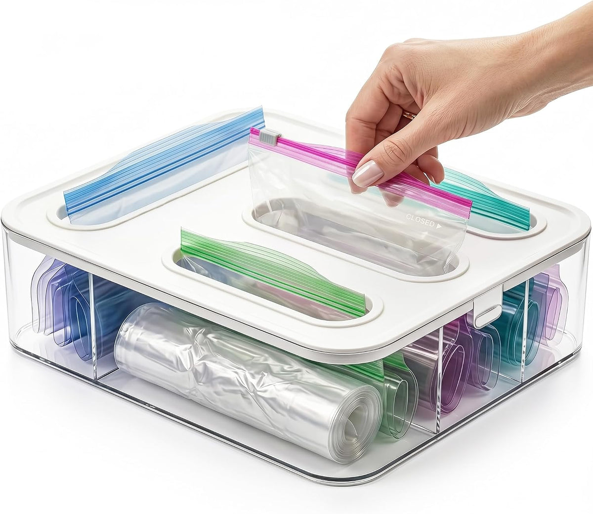 Bag Storage Organizer for Kitchen Drawer, Plastic Bag Container Holder, Baggie Dispenser for Gallon, Quart, Sandwich, Snack, Kitchen Organizers and Storage