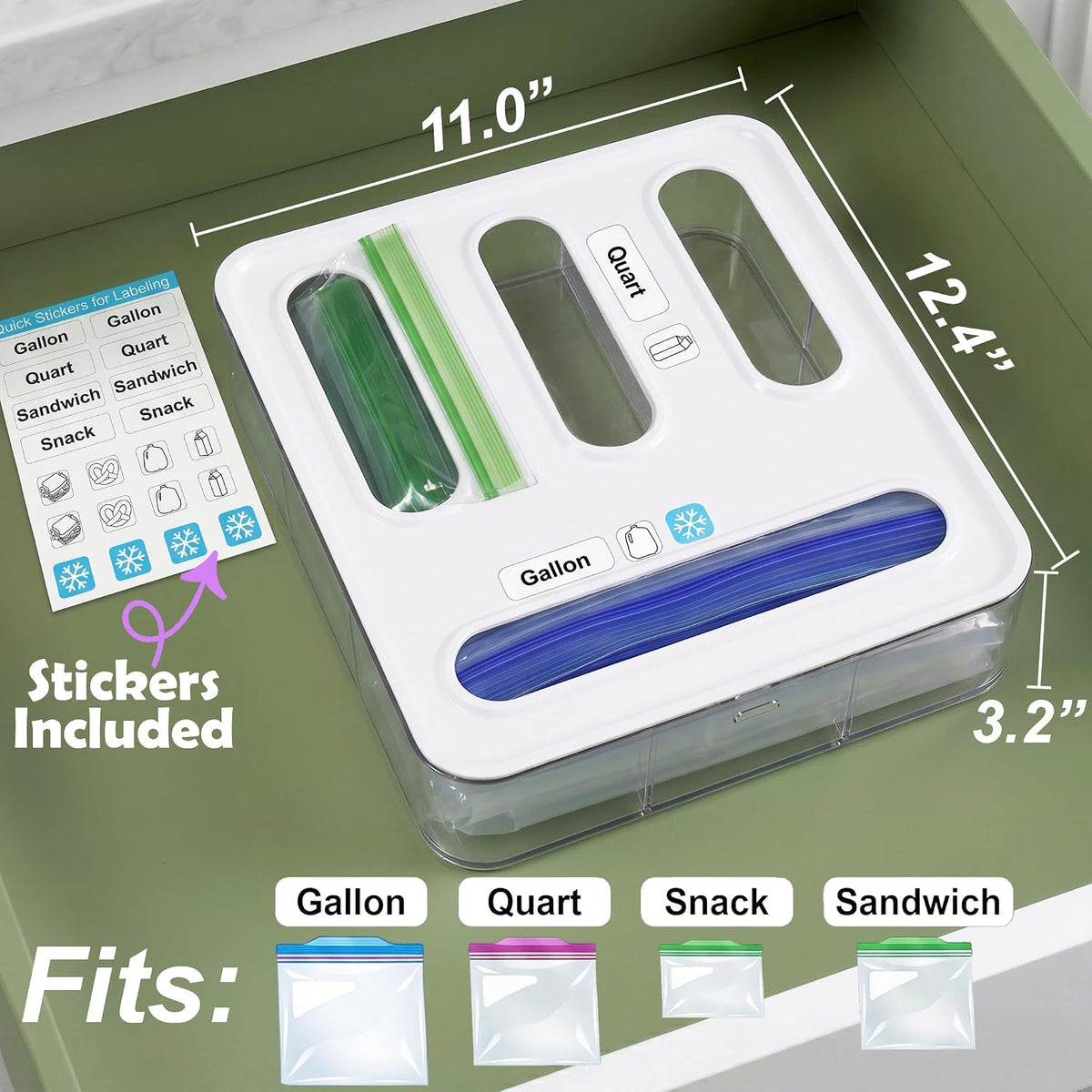 Bag Storage Organizer for Kitchen Drawer, Plastic Bag Container Holder, Baggie Dispenser for Gallon, Quart, Sandwich, Snack, Kitchen Organizers and Storage