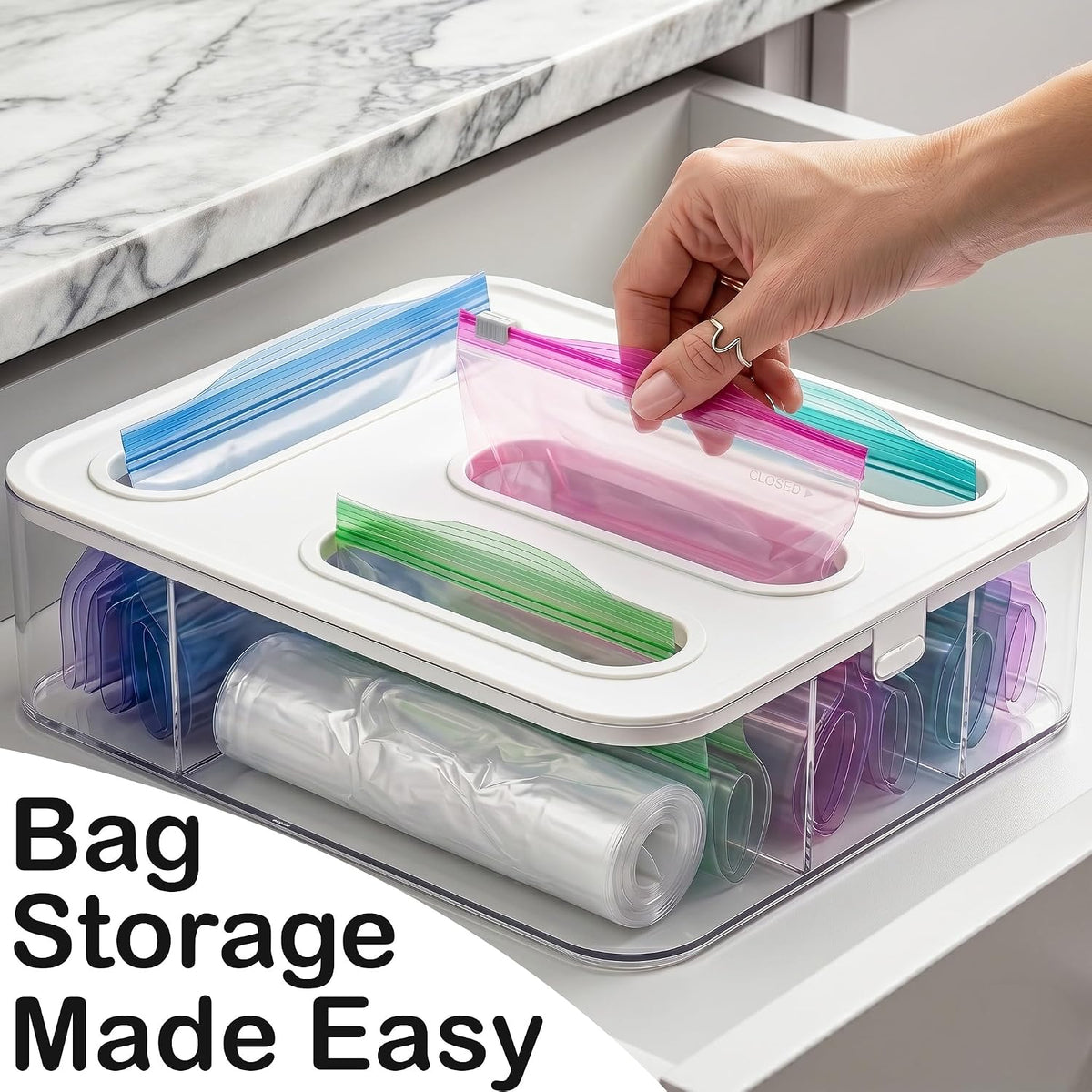 Bag Storage Organizer for Kitchen Drawer, Plastic Bag Container Holder, Baggie Dispenser for Gallon, Quart, Sandwich, Snack, Kitchen Organizers and Storage