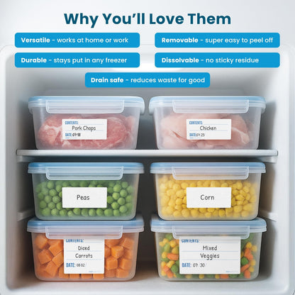 Freezer Labels 1x2 in 200/Roll, Dissolvable Fill in Canning Jar Stickers | Preprinted write on lines, use pen or marker, containers, bottles, food storage, meal prep, pantry, peels clean, no residue