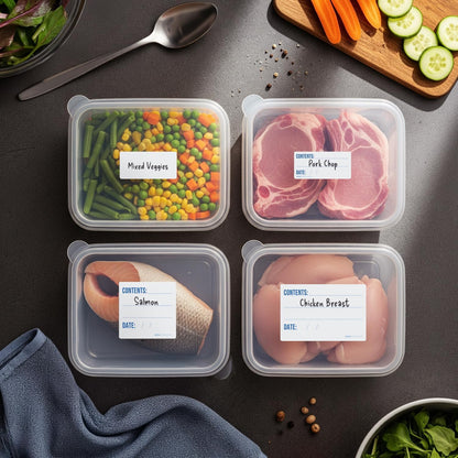 Freezer Labels 1x2 in 200/Roll, Dissolvable Fill in Canning Jar Stickers | Preprinted write on lines, use pen or marker, containers, bottles, food storage, meal prep, pantry, peels clean, no residue