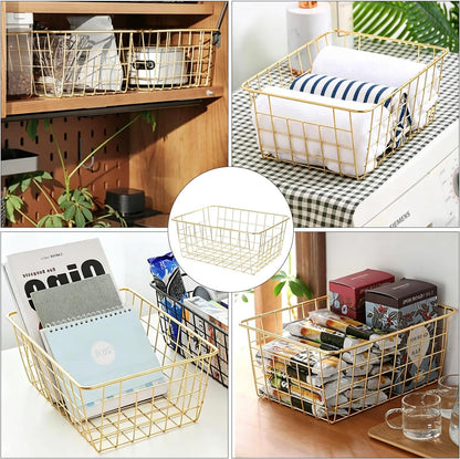 White Wire Storage Baskets,11.1"x8.7"x4.7"Wire Freezer Storage Organizer Bins Farmhouse Metal Freezer Basket with Handles for Cabinets, Pantry, Closets, Bedrooms,White