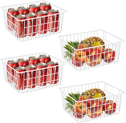 White Wire Storage Baskets,11.1"x8.7"x4.7"Wire Freezer Storage Organizer Bins Farmhouse Metal Freezer Basket with Handles for Cabinets, Pantry, Closets, Bedrooms,White