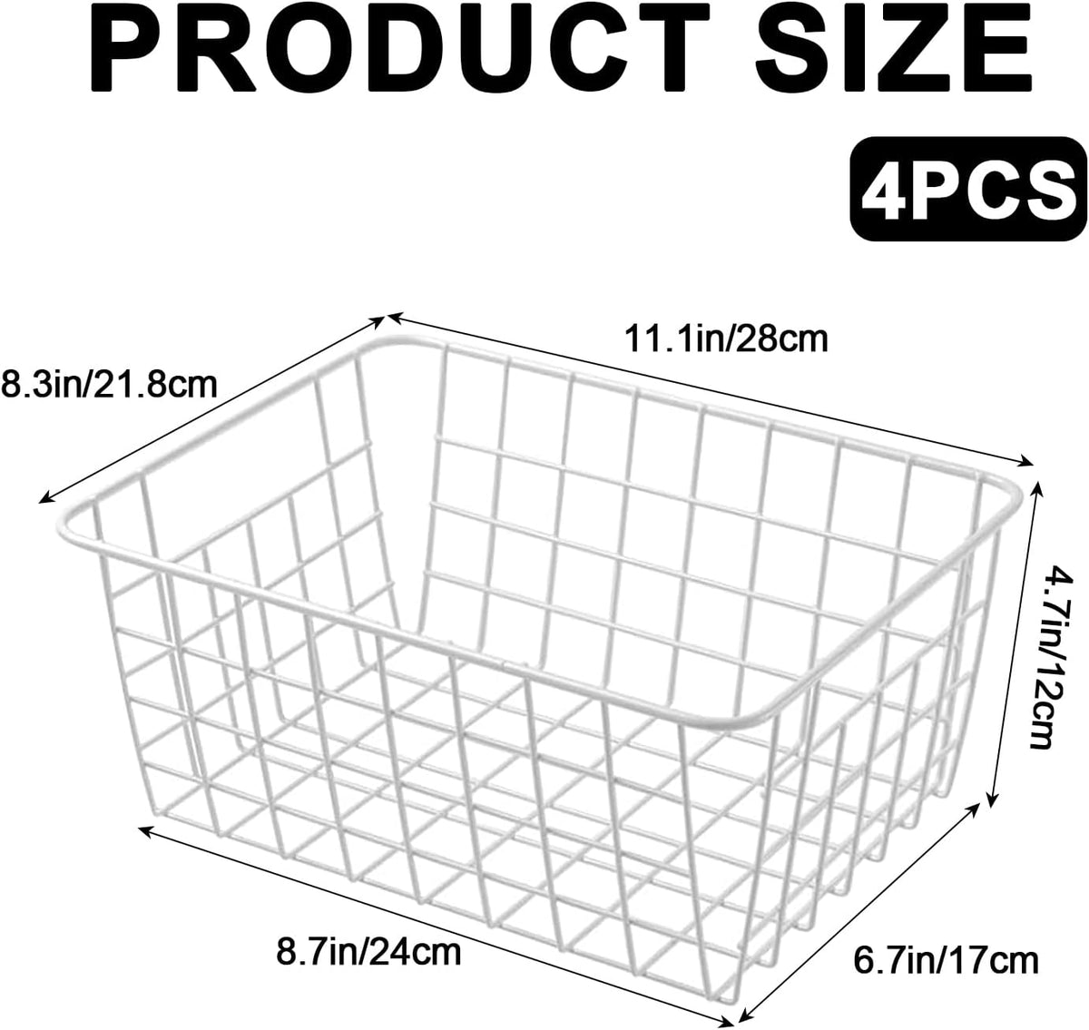 White Wire Storage Baskets,11.1"x8.7"x4.7"Wire Freezer Storage Organizer Bins Farmhouse Metal Freezer Basket with Handles for Cabinets, Pantry, Closets, Bedrooms,White