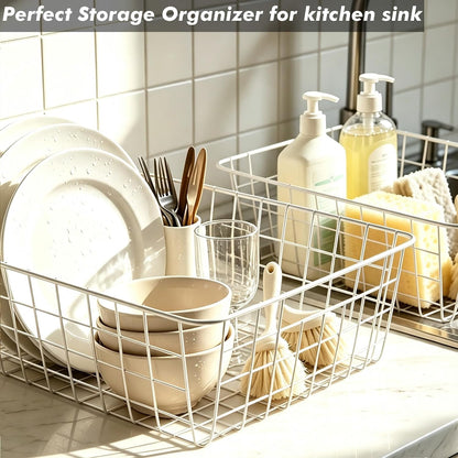 White Wire Storage Baskets,11.1"x8.7"x4.7"Wire Freezer Storage Organizer Bins Farmhouse Metal Freezer Basket with Handles for Cabinets, Pantry, Closets, Bedrooms,White