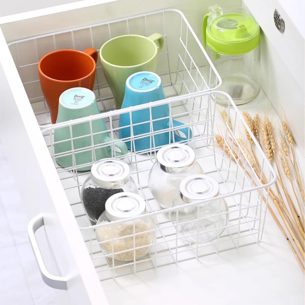 White Wire Storage Baskets,11.1"x8.7"x4.7"Wire Freezer Storage Organizer Bins Farmhouse Metal Freezer Basket with Handles for Cabinets, Pantry, Closets, Bedrooms,White