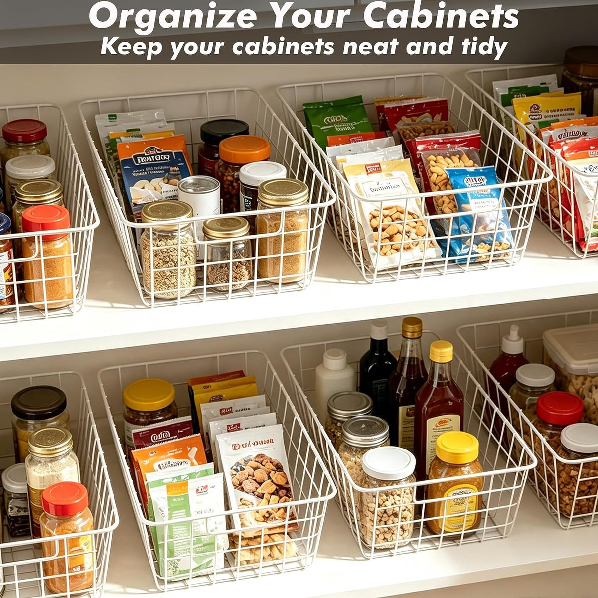 White Wire Storage Baskets,11.1"x8.7"x4.7"Wire Freezer Storage Organizer Bins Farmhouse Metal Freezer Basket with Handles for Cabinets, Pantry, Closets, Bedrooms,White