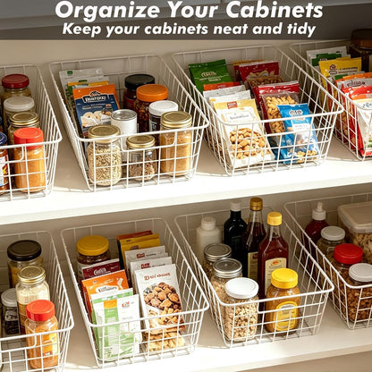 White Wire Storage Baskets,11.1"x8.7"x4.7"Wire Freezer Storage Organizer Bins Farmhouse Metal Freezer Basket with Handles for Cabinets, Pantry, Closets, Bedrooms,White