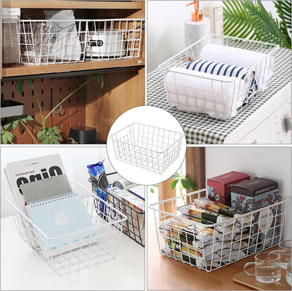 White Wire Storage Baskets,11.1"x8.7"x4.7"Wire Freezer Storage Organizer Bins Farmhouse Metal Freezer Basket with Handles for Cabinets, Pantry, Closets, Bedrooms,White