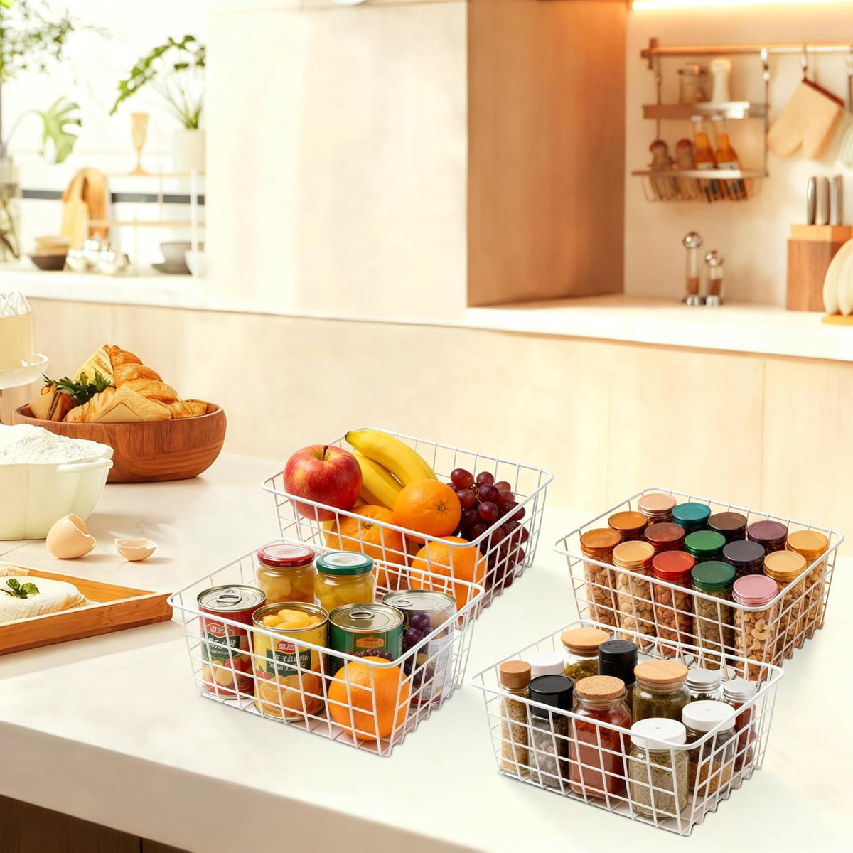 White Wire Storage Baskets,11.1"x8.7"x4.7"Wire Freezer Storage Organizer Bins Farmhouse Metal Freezer Basket with Handles for Cabinets, Pantry, Closets, Bedrooms,White