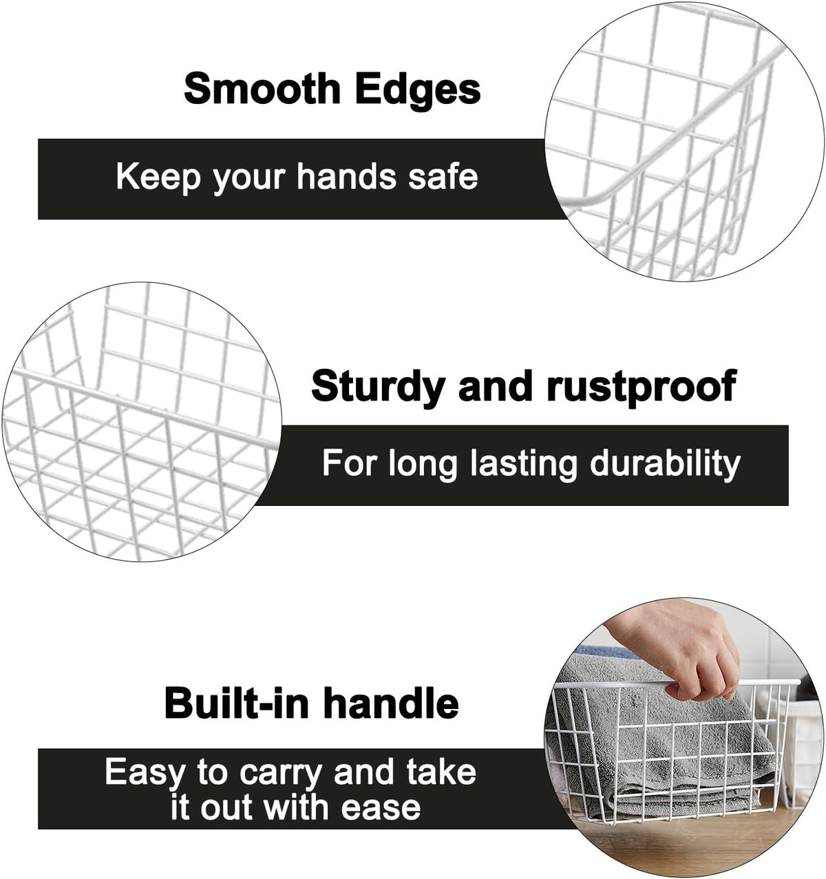 White Wire Storage Baskets,11.1"x8.7"x4.7"Wire Freezer Storage Organizer Bins Farmhouse Metal Freezer Basket with Handles for Cabinets, Pantry, Closets, Bedrooms,White