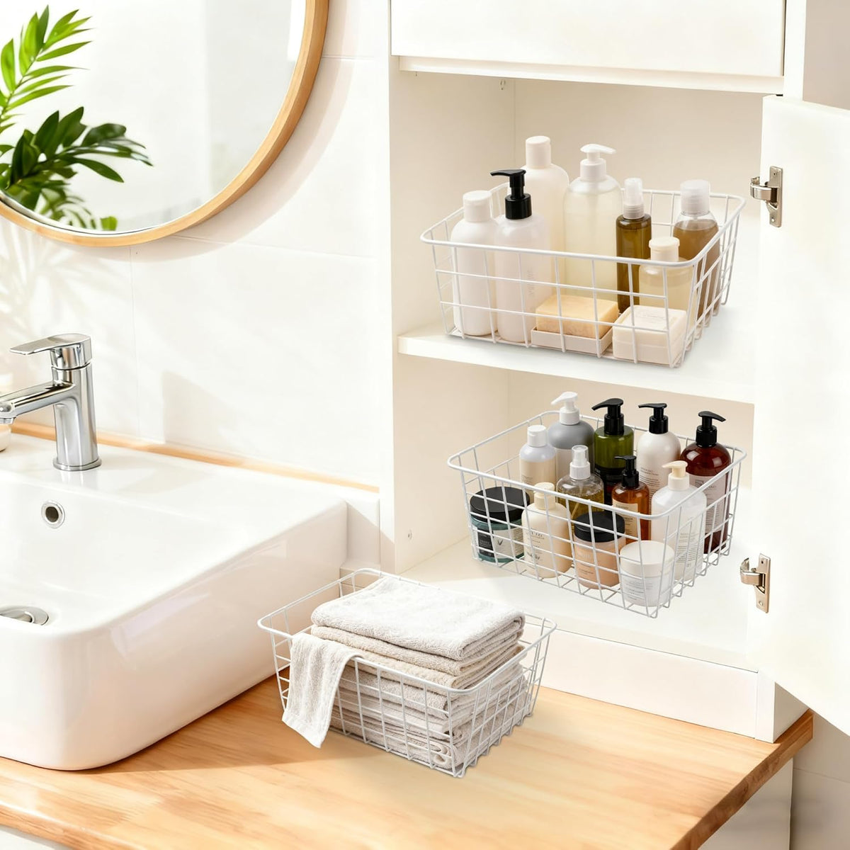 White Wire Storage Baskets,11.1"x8.7"x4.7"Wire Freezer Storage Organizer Bins Farmhouse Metal Freezer Basket with Handles for Cabinets, Pantry, Closets, Bedrooms,White