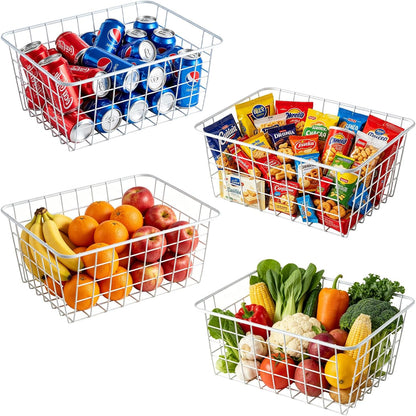 White Wire Storage Baskets,11.1"x8.7"x4.7"Wire Freezer Storage Organizer Bins Farmhouse Metal Freezer Basket with Handles for Cabinets, Pantry, Closets, Bedrooms,White