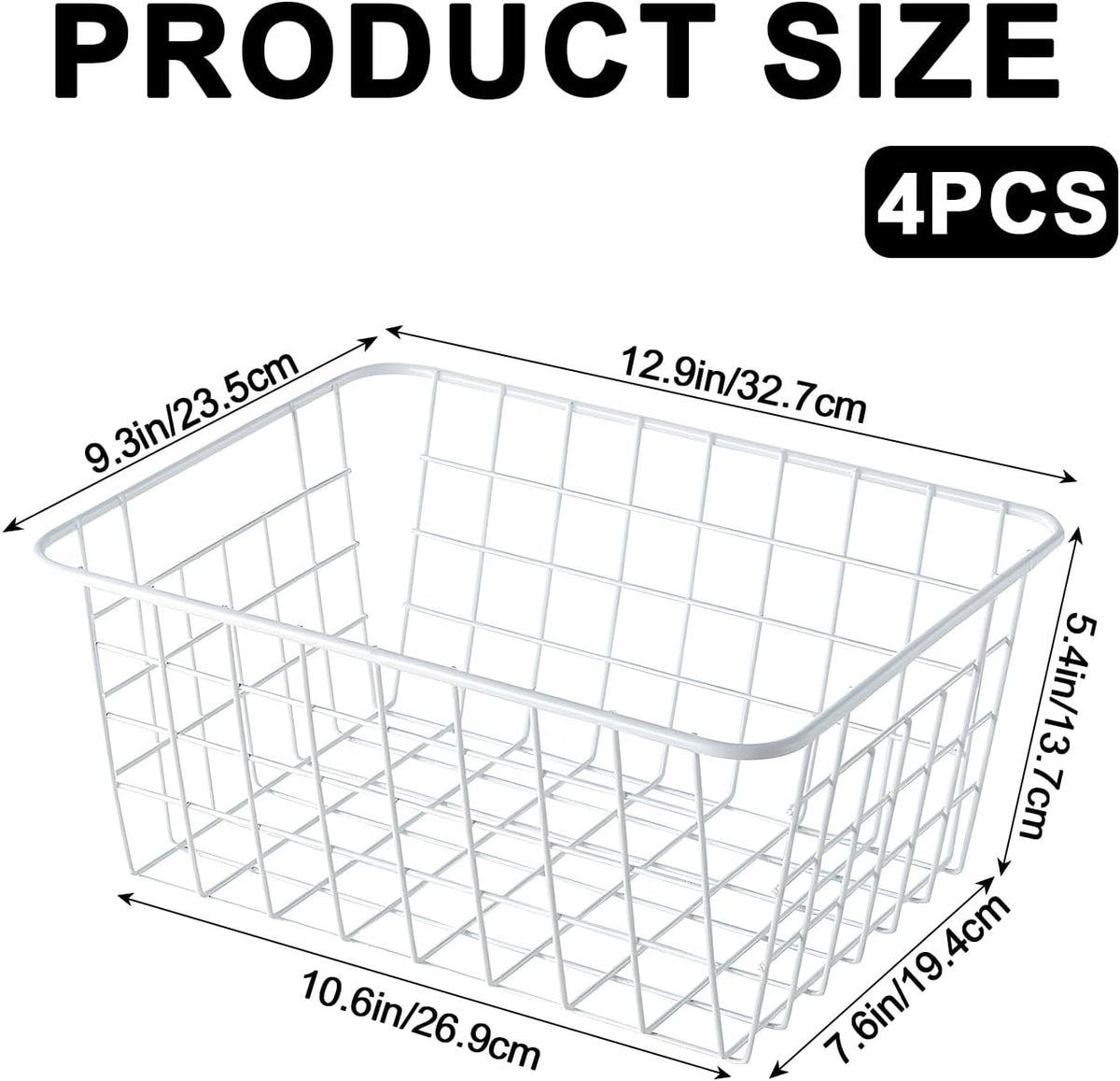White Wire Storage Baskets,11.1"x8.7"x4.7"Wire Freezer Storage Organizer Bins Farmhouse Metal Freezer Basket with Handles for Cabinets, Pantry, Closets, Bedrooms,White