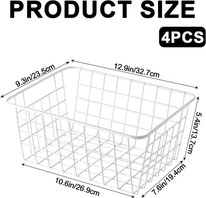 White Wire Storage Baskets,11.1"x8.7"x4.7"Wire Freezer Storage Organizer Bins Farmhouse Metal Freezer Basket with Handles for Cabinets, Pantry, Closets, Bedrooms,White