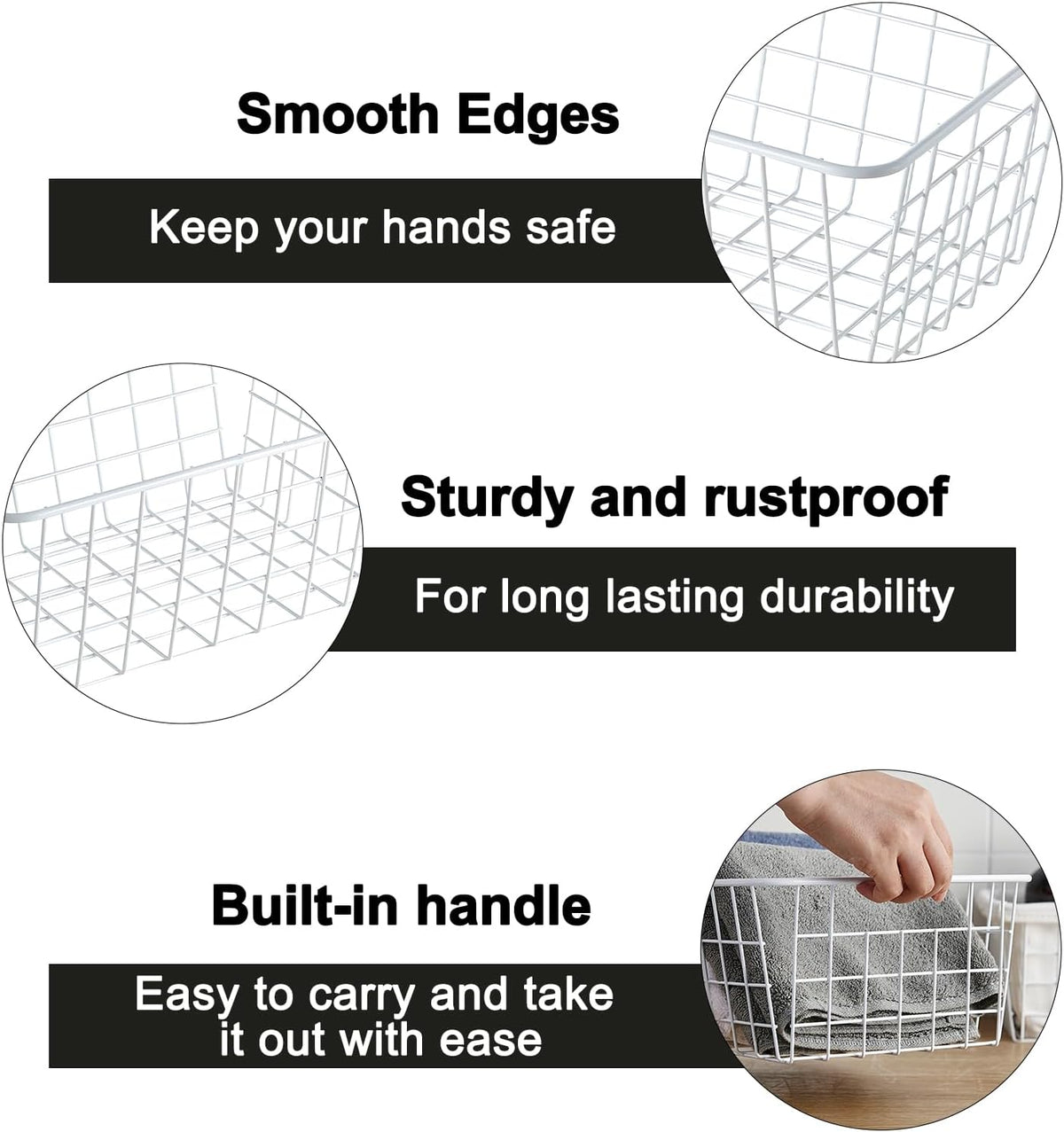 White Wire Storage Baskets,11.1"x8.7"x4.7"Wire Freezer Storage Organizer Bins Farmhouse Metal Freezer Basket with Handles for Cabinets, Pantry, Closets, Bedrooms,White