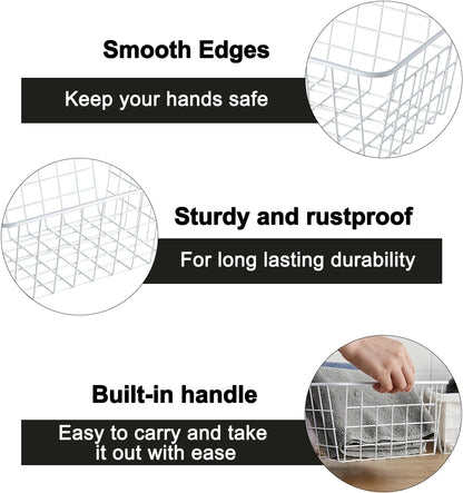 White Wire Storage Baskets,11.1"x8.7"x4.7"Wire Freezer Storage Organizer Bins Farmhouse Metal Freezer Basket with Handles for Cabinets, Pantry, Closets, Bedrooms,White