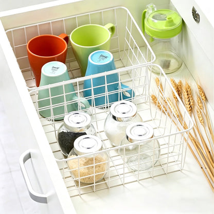 White Wire Storage Baskets,11.1"x8.7"x4.7"Wire Freezer Storage Organizer Bins Farmhouse Metal Freezer Basket with Handles for Cabinets, Pantry, Closets, Bedrooms,White