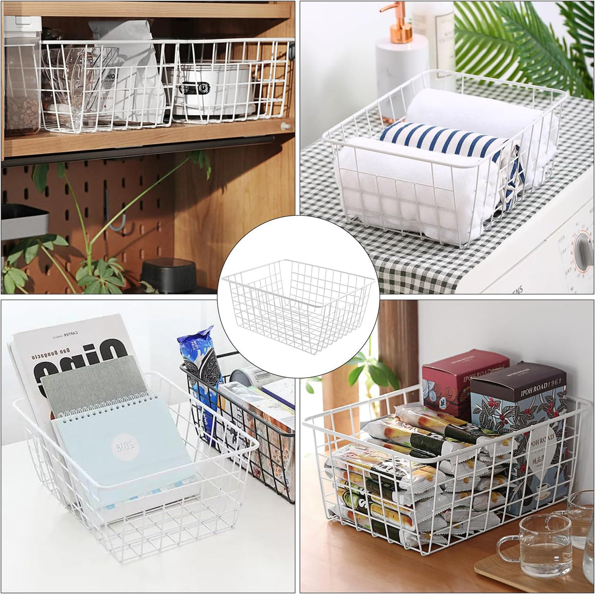 White Wire Storage Baskets,11.1"x8.7"x4.7"Wire Freezer Storage Organizer Bins Farmhouse Metal Freezer Basket with Handles for Cabinets, Pantry, Closets, Bedrooms,White