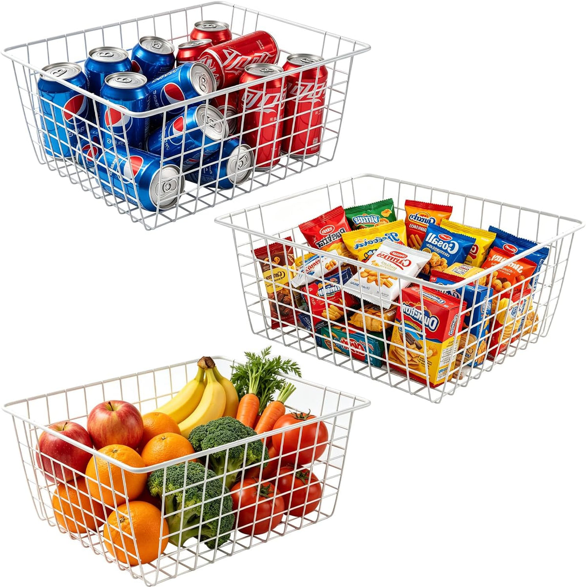 White Wire Storage Baskets,11.1"x8.7"x4.7"Wire Freezer Storage Organizer Bins Farmhouse Metal Freezer Basket with Handles for Cabinets, Pantry, Closets, Bedrooms,White