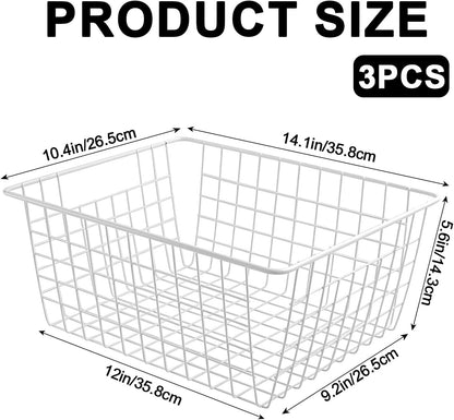 White Wire Storage Baskets,11.1"x8.7"x4.7"Wire Freezer Storage Organizer Bins Farmhouse Metal Freezer Basket with Handles for Cabinets, Pantry, Closets, Bedrooms,White
