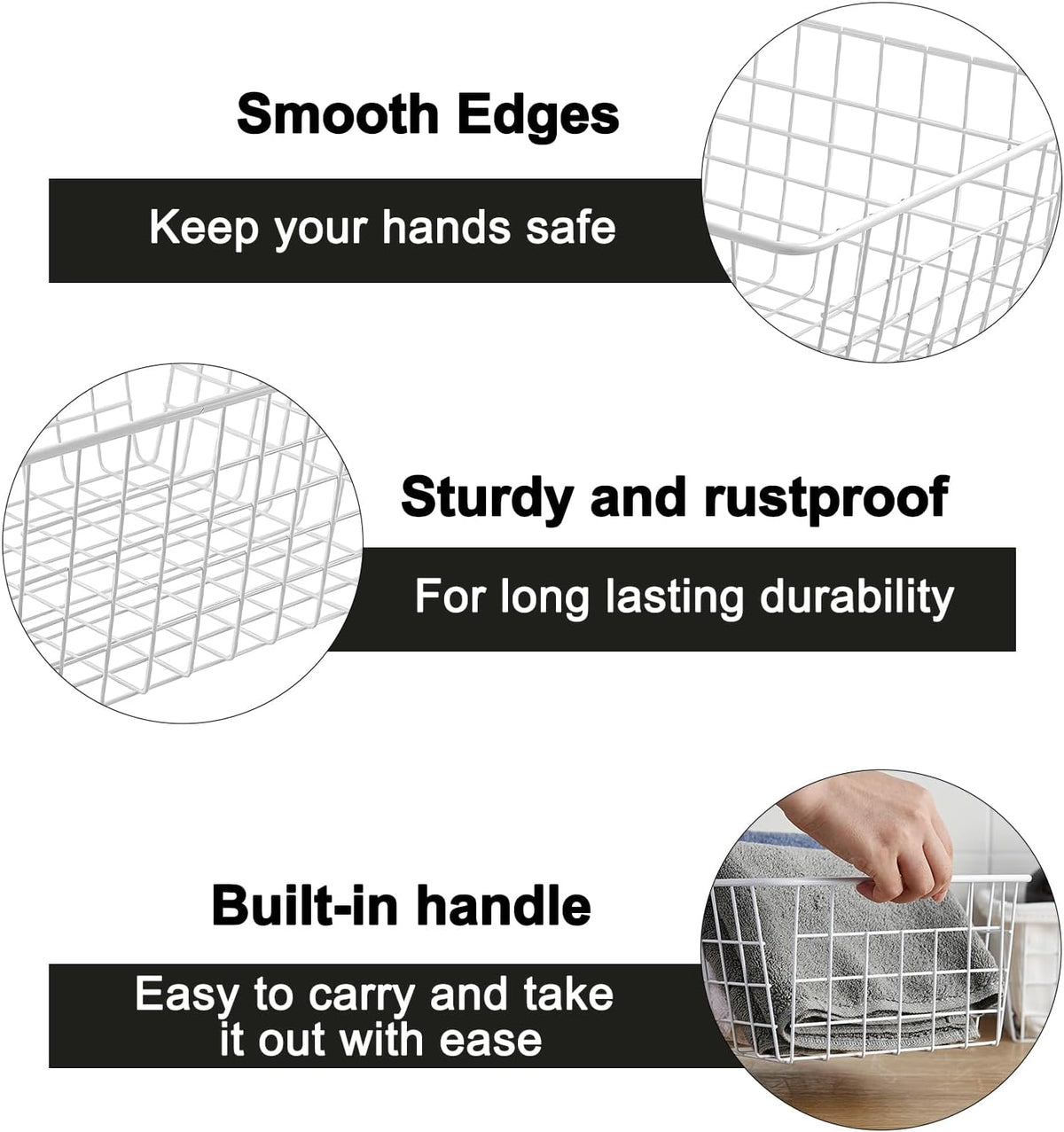 White Wire Storage Baskets,11.1"x8.7"x4.7"Wire Freezer Storage Organizer Bins Farmhouse Metal Freezer Basket with Handles for Cabinets, Pantry, Closets, Bedrooms,White