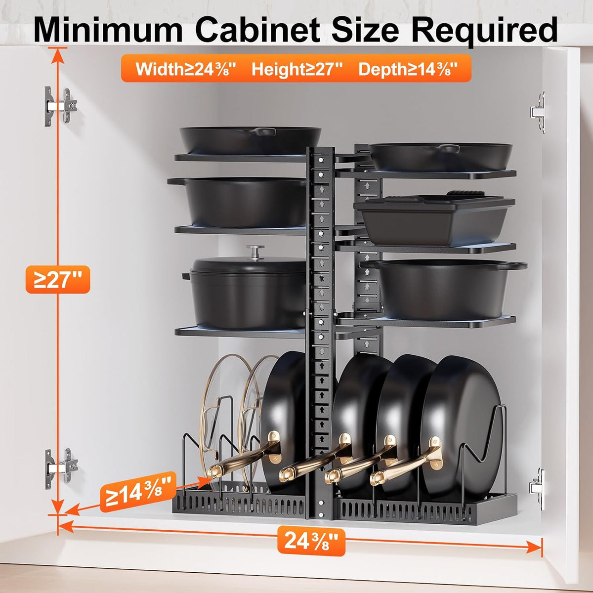 LAMU Pots and Pans Organizer under Cabinet, Adjustable Height Up to 24'', 6 Tier Pot Organizer Rack with 6 Horizontal Dividers, Adjustable Pot and Pan Organizer for Kitchen Storage, Black