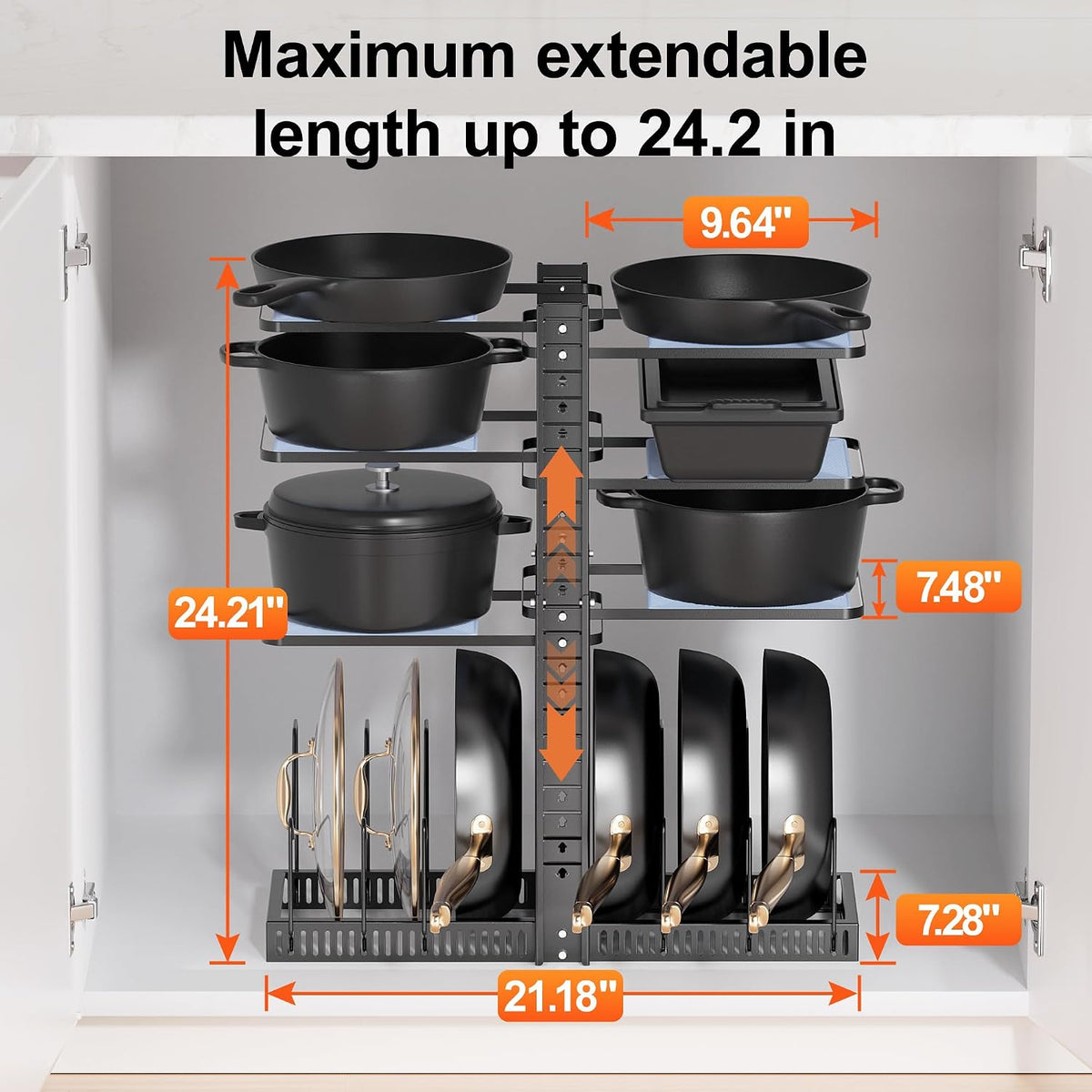 LAMU Pots and Pans Organizer under Cabinet, Adjustable Height Up to 24'', 6 Tier Pot Organizer Rack with 6 Horizontal Dividers, Adjustable Pot and Pan Organizer for Kitchen Storage, Black