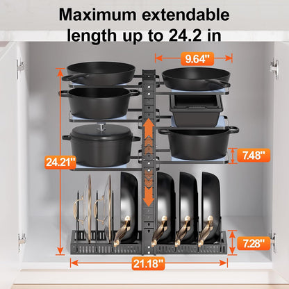LAMU Pots and Pans Organizer under Cabinet, Adjustable Height Up to 24'', 6 Tier Pot Organizer Rack with 6 Horizontal Dividers, Adjustable Pot and Pan Organizer for Kitchen Storage, Black