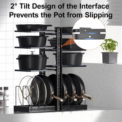 LAMU Pots and Pans Organizer under Cabinet, Adjustable Height Up to 24'', 6 Tier Pot Organizer Rack with 6 Horizontal Dividers, Adjustable Pot and Pan Organizer for Kitchen Storage, Black