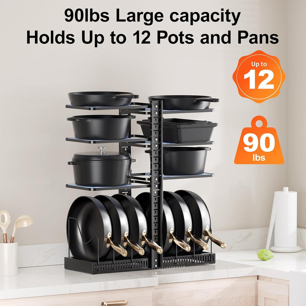 LAMU Pots and Pans Organizer under Cabinet, Adjustable Height Up to 24'', 6 Tier Pot Organizer Rack with 6 Horizontal Dividers, Adjustable Pot and Pan Organizer for Kitchen Storage, Black