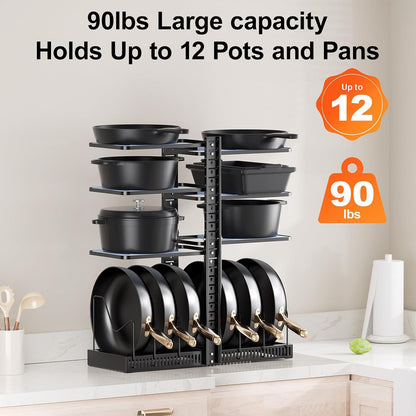 LAMU Pots and Pans Organizer under Cabinet, Adjustable Height Up to 24'', 6 Tier Pot Organizer Rack with 6 Horizontal Dividers, Adjustable Pot and Pan Organizer for Kitchen Storage, Black