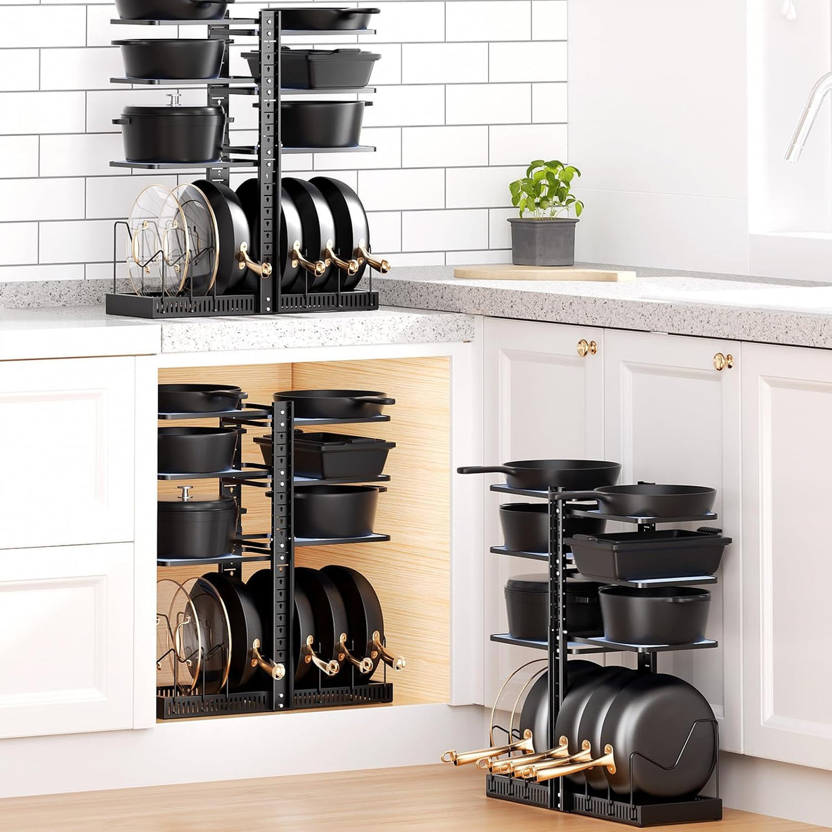 LAMU Pots and Pans Organizer under Cabinet, Adjustable Height Up to 24'', 6 Tier Pot Organizer Rack with 6 Horizontal Dividers, Adjustable Pot and Pan Organizer for Kitchen Storage, Black