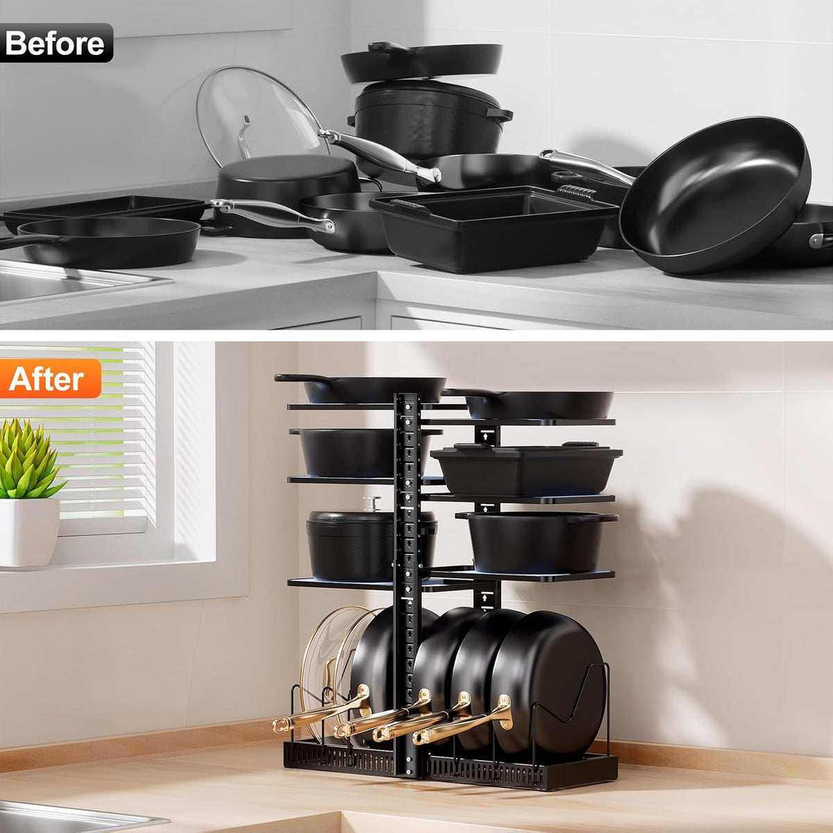 LAMU Pots and Pans Organizer under Cabinet, Adjustable Height Up to 24'', 6 Tier Pot Organizer Rack with 6 Horizontal Dividers, Adjustable Pot and Pan Organizer for Kitchen Storage, Black