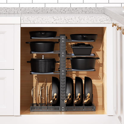 LAMU Pots and Pans Organizer under Cabinet, Adjustable Height Up to 24'', 6 Tier Pot Organizer Rack with 6 Horizontal Dividers, Adjustable Pot and Pan Organizer for Kitchen Storage, Black