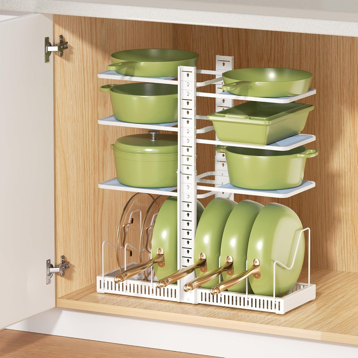 LAMU Pots and Pans Organizer under Cabinet, Adjustable Height Up to 24'', 6 Tier Pot Organizer Rack with 6 Horizontal Dividers, Adjustable Pot and Pan Organizer for Kitchen Storage, Black