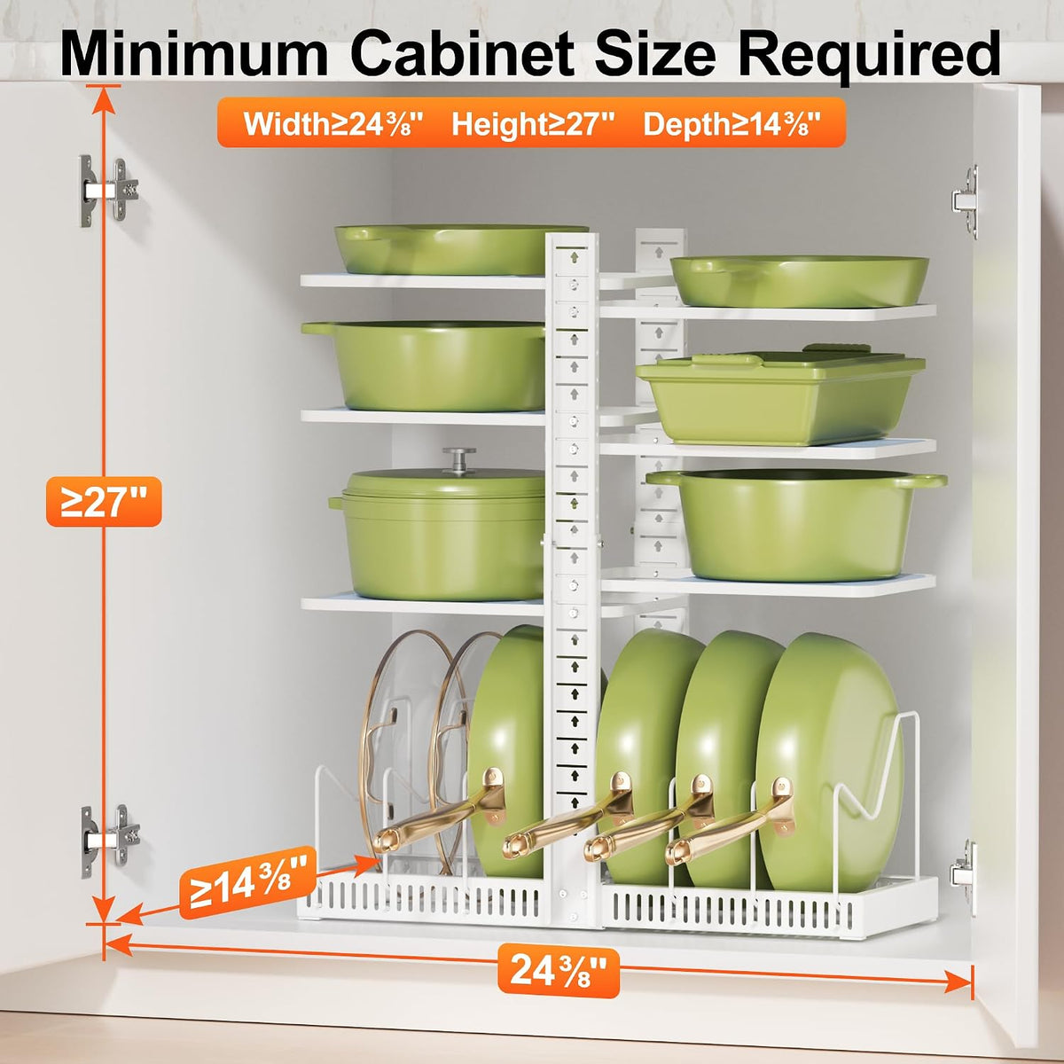 LAMU Pots and Pans Organizer under Cabinet, Adjustable Height Up to 24'', 6 Tier Pot Organizer Rack with 6 Horizontal Dividers, Adjustable Pot and Pan Organizer for Kitchen Storage, Black