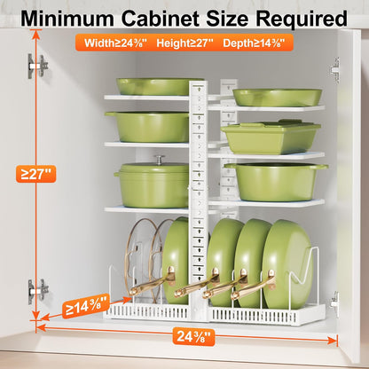 LAMU Pots and Pans Organizer under Cabinet, Adjustable Height Up to 24'', 6 Tier Pot Organizer Rack with 6 Horizontal Dividers, Adjustable Pot and Pan Organizer for Kitchen Storage, Black