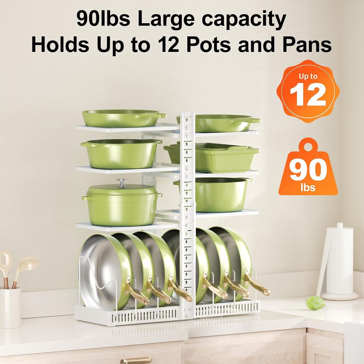 LAMU Pots and Pans Organizer under Cabinet, Adjustable Height Up to 24'', 6 Tier Pot Organizer Rack with 6 Horizontal Dividers, Adjustable Pot and Pan Organizer for Kitchen Storage, Black